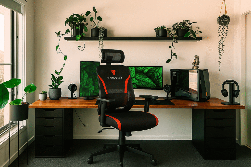 Cadeira gamer ThunderX3 YAMA1 preta e vermelha em setup minimalista
